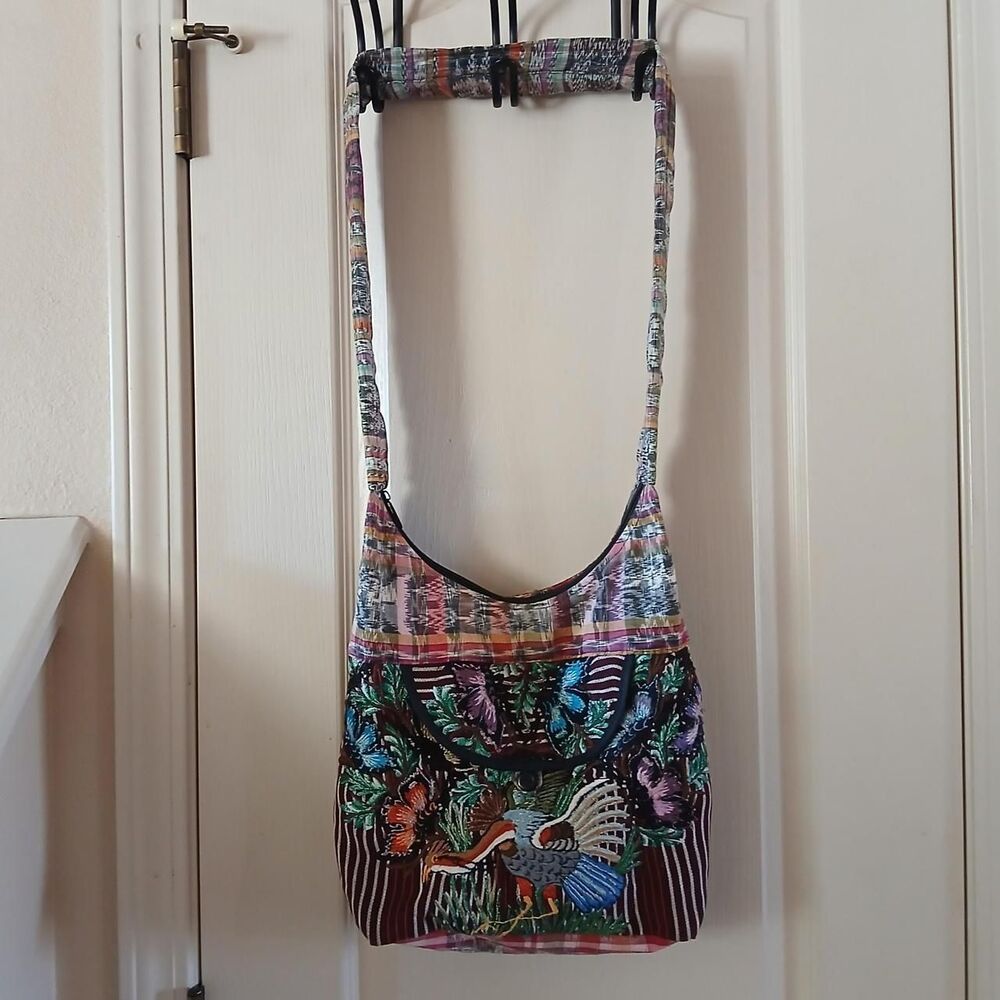 Boho multicolor plaid patchwork embroidered bird … - image 2